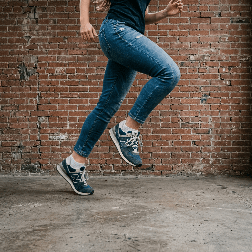 Person jogging on paved park path wearing blue sneakers and jeans